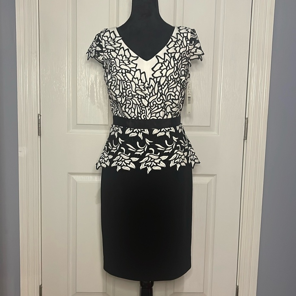 NWT Antonio Melani Women's Ivory Black Embroidered Peplum Sheath Dress- Sz 4
